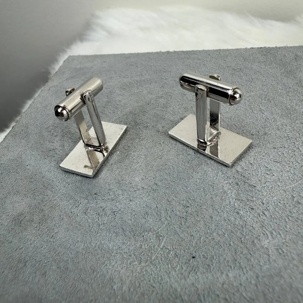 Vintage White & Blue Enamel Silver Tone Cuff Links